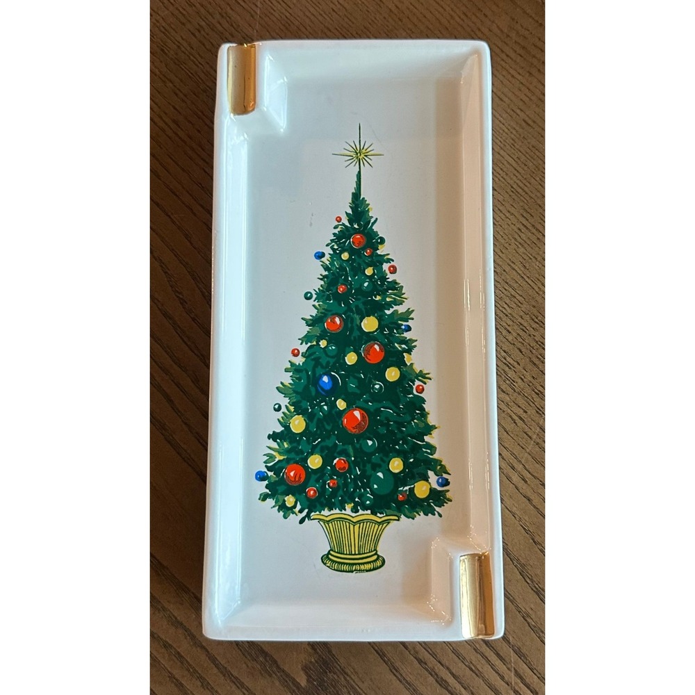 Vintage Lefton Christmas Tree Ashtray Ceramic Trinket Dish Gold Trim Japan 4137‎